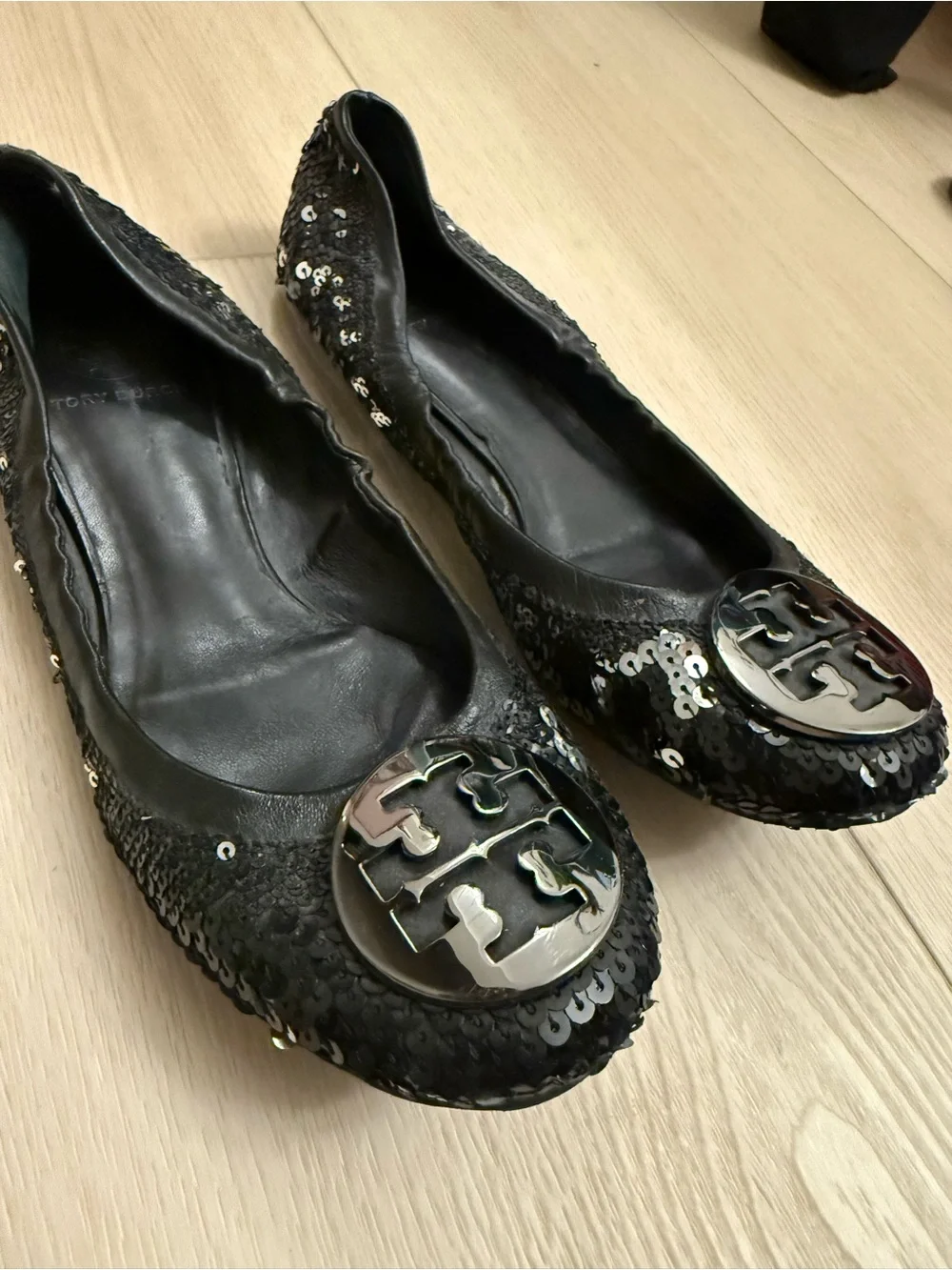 Tory Burch Black Sequin Logo Ballet Flats